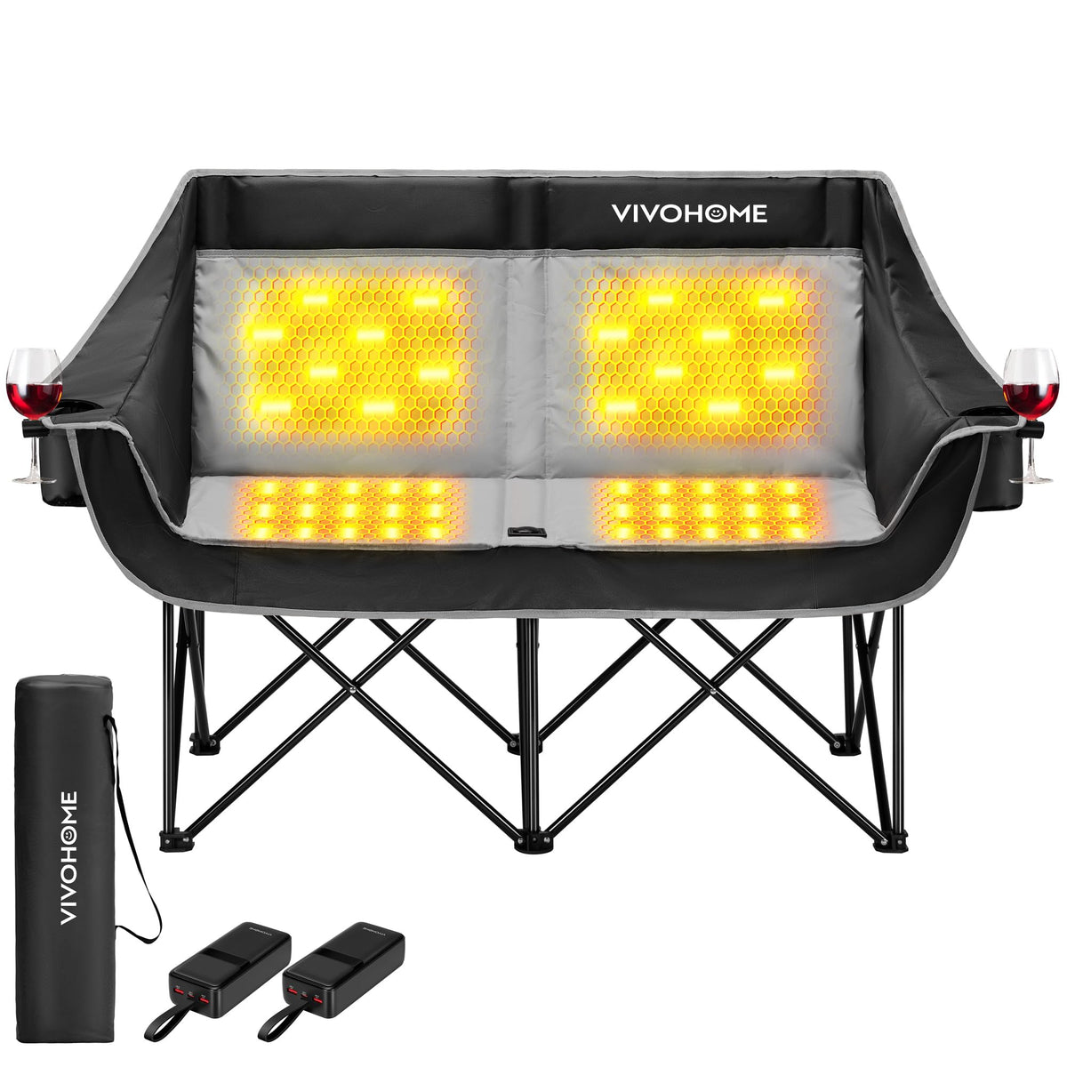 VIVOHOME heated double camping chair front view highlighting warm outdoor comfort.