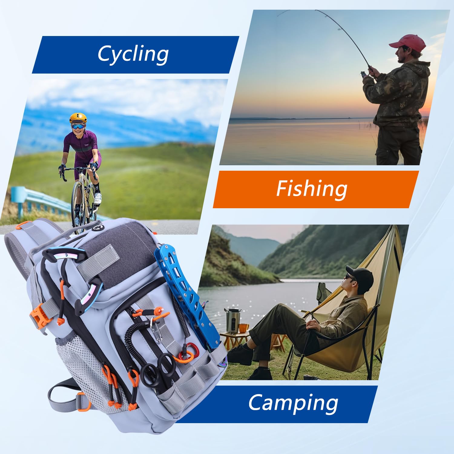 VKVXCLON fishing-backpack waterproof nylon exterior protects gear in rain.