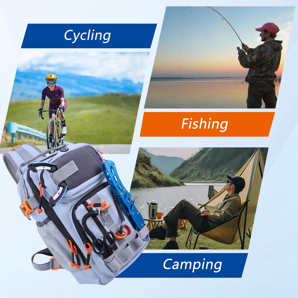 VKVXCLON fishing-backpack waterproof nylon exterior protects gear in rain.