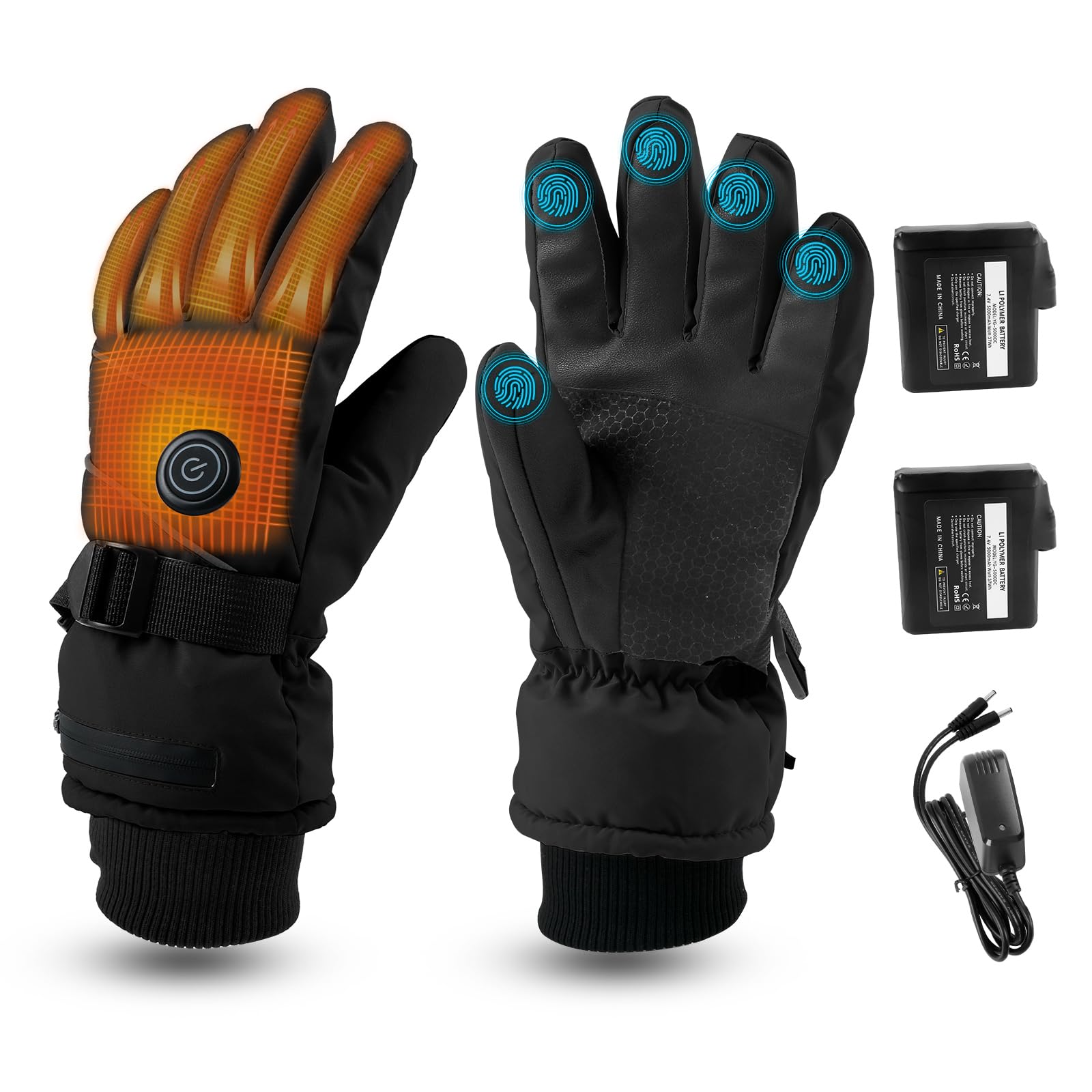 VLBPCR heated warm gloves front view, waterproof shell protects against cold rain.