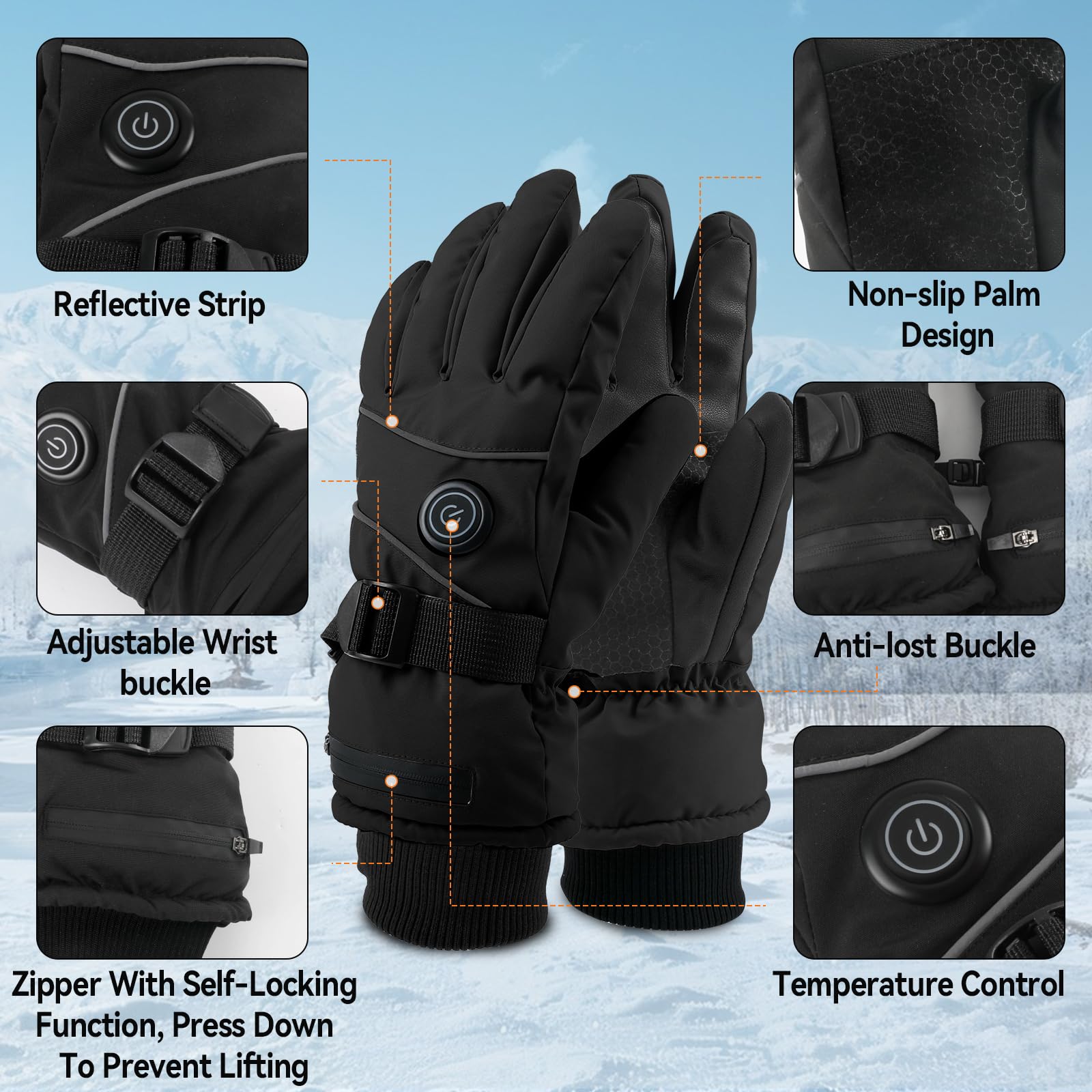VLBPCR heated warm gloves side view, hexagonal palm grip enhances control.