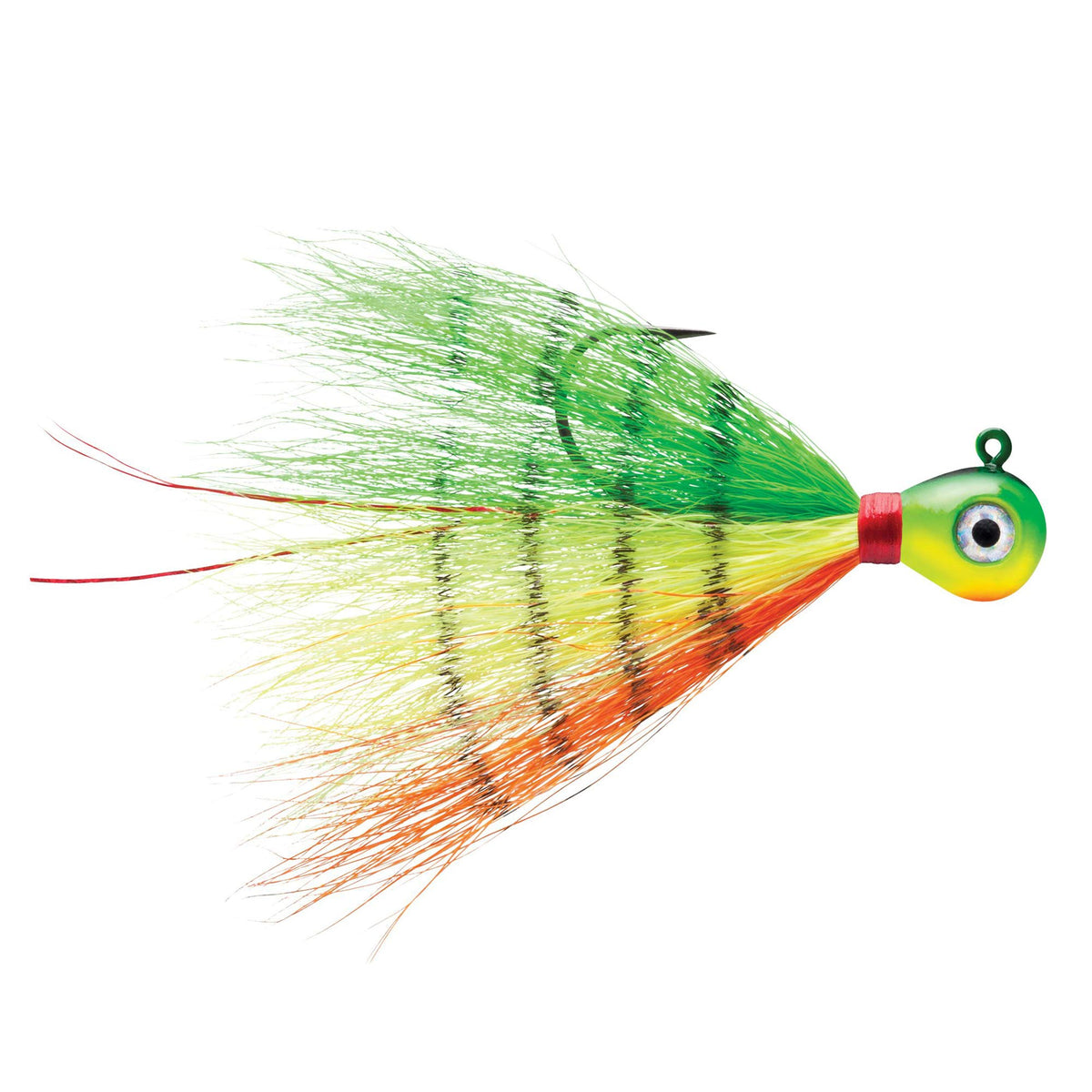 VMC Bucktail Jig 1/4 Firetiger front view highlighting balanced head for precision casting