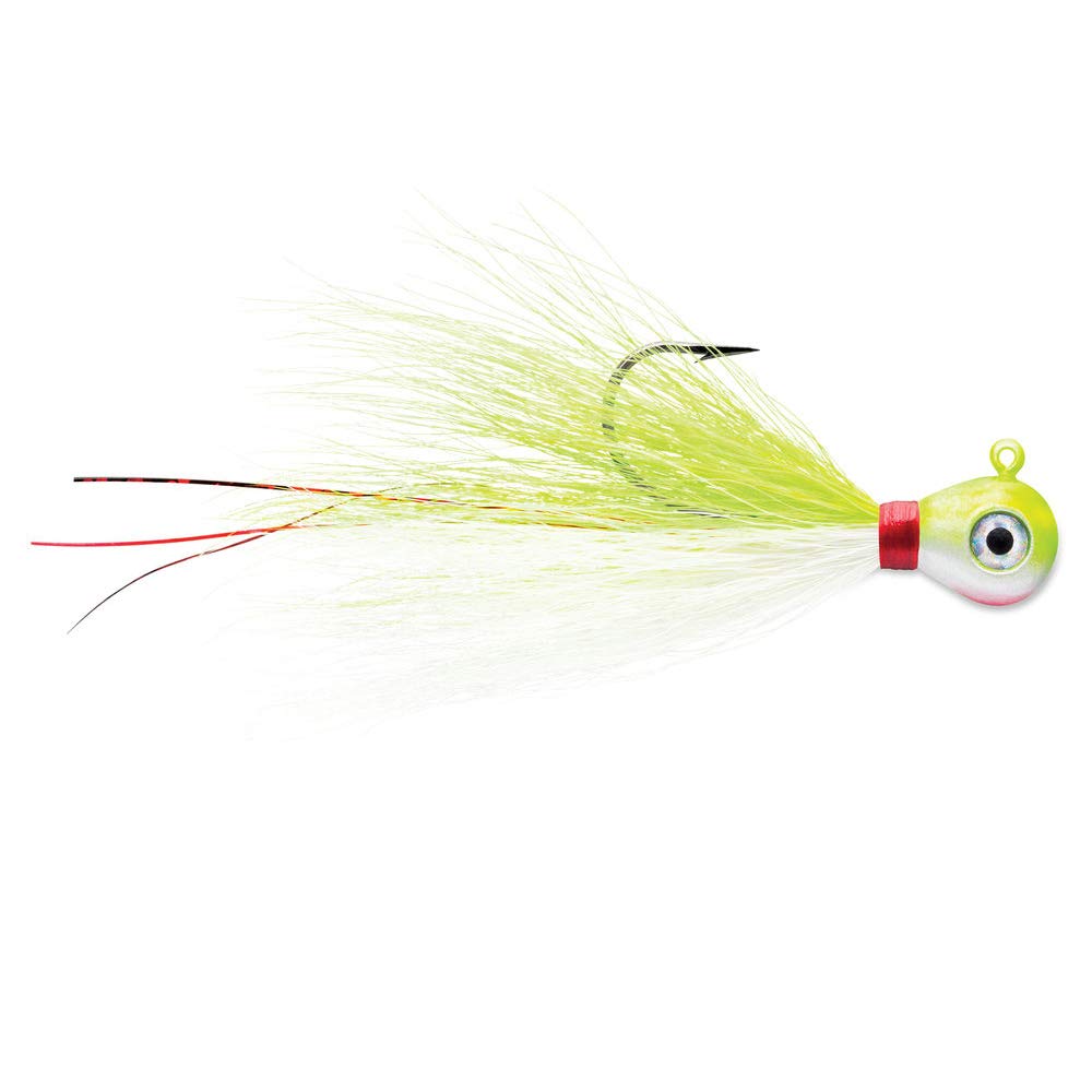 VMC Bucktail Jig 1/4 Firetiger side view emphasizing oval head for control