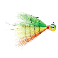 VMC Bucktail Jig 1/4 Green Fire UV angled view highlighting compact profile.