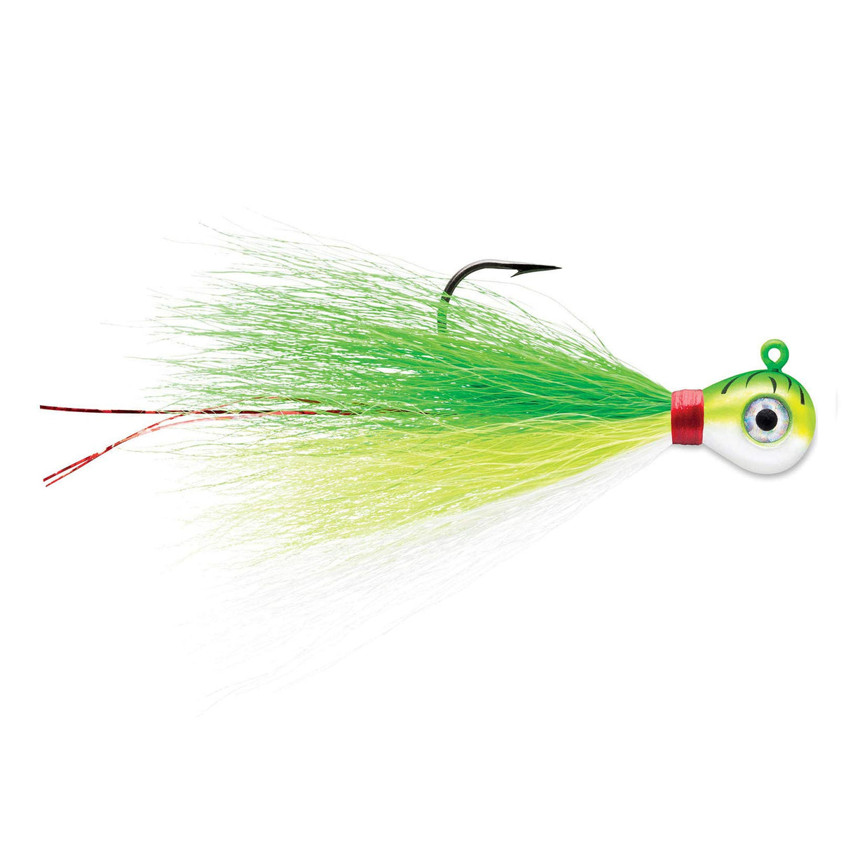 VMC Bucktail Jig 1/4 Green Fire UV close-up with glow finish to attract wary fish.