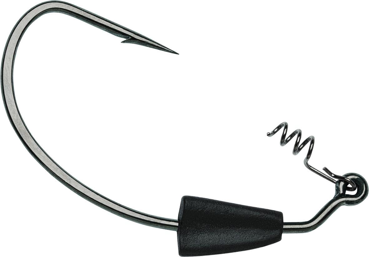 VMC heavy weighted swimbait hook 5/0 close-up showing secure locking spring for baits.