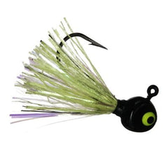 The VMC Hot Skirt Glow Jig 1/16 oz in Black Chartreuse glows to attract bites