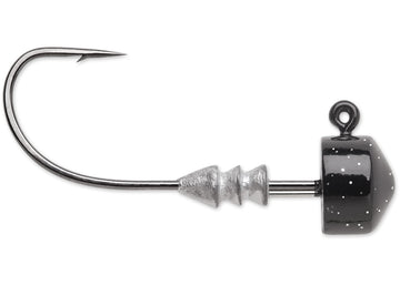 VMC Ned Rig Jig 1/16 Black close-up shows secure keeper and durable forged construction
