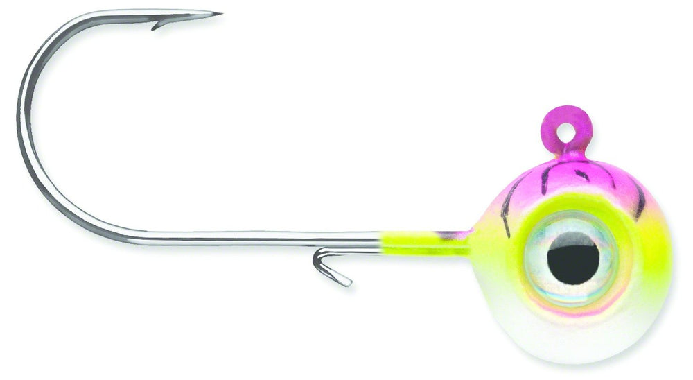 VMC Neon Moon Eye Jig 1/16 Pink Fire UV for high-visibility jigging and casting