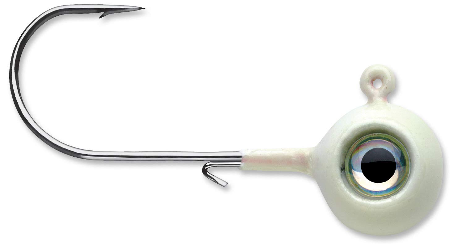 VMC Neon Moon Eye Jig 1/2 Glow enhances lure visibility at night.