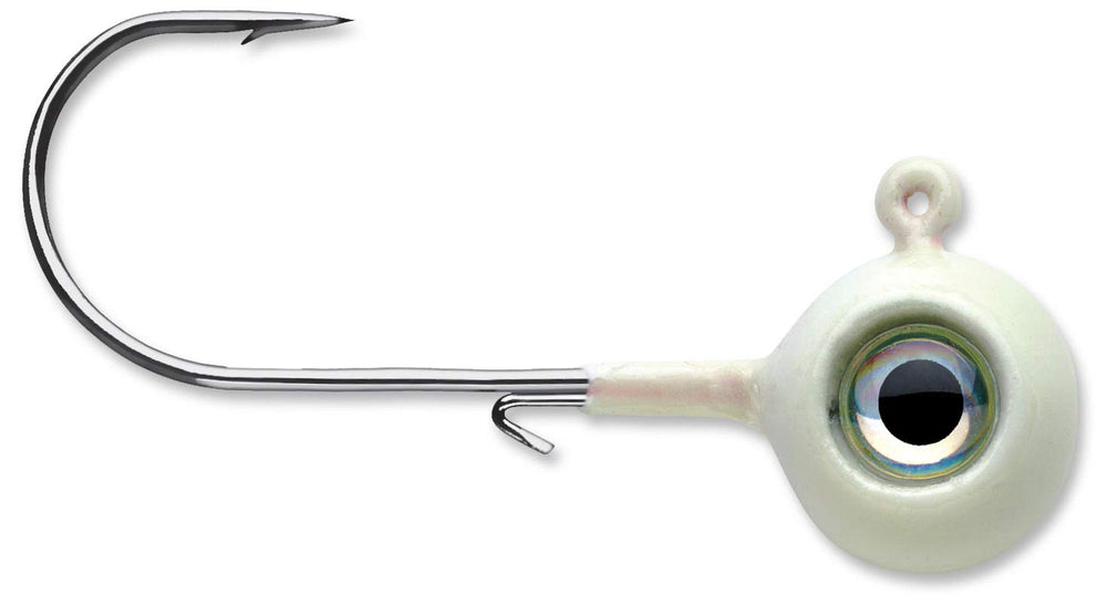 VMC Neon Moon Eye Jig 1/2 Glow enhances lure visibility at night.