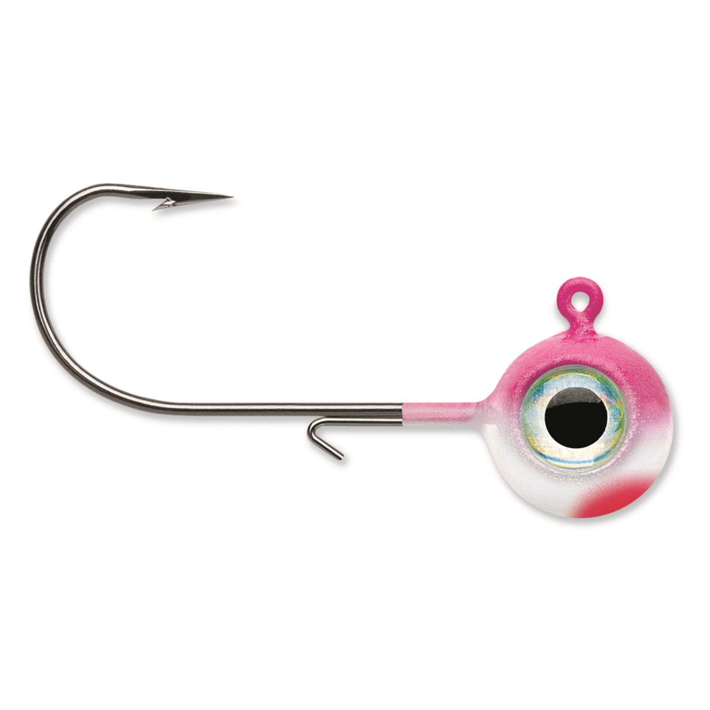 VMC Neon Moon Eye Jig 1/8 Pink Pearl, packaging shot, ready to stash in tackle box
