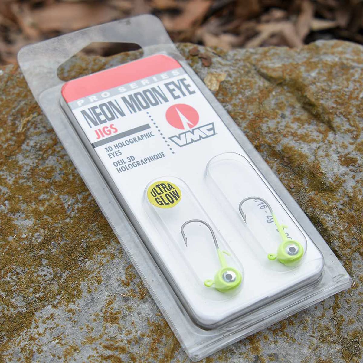 VMC Neon Moon Eye Jig 3/8 Fathead 3D eye closeup enhances lure realism.