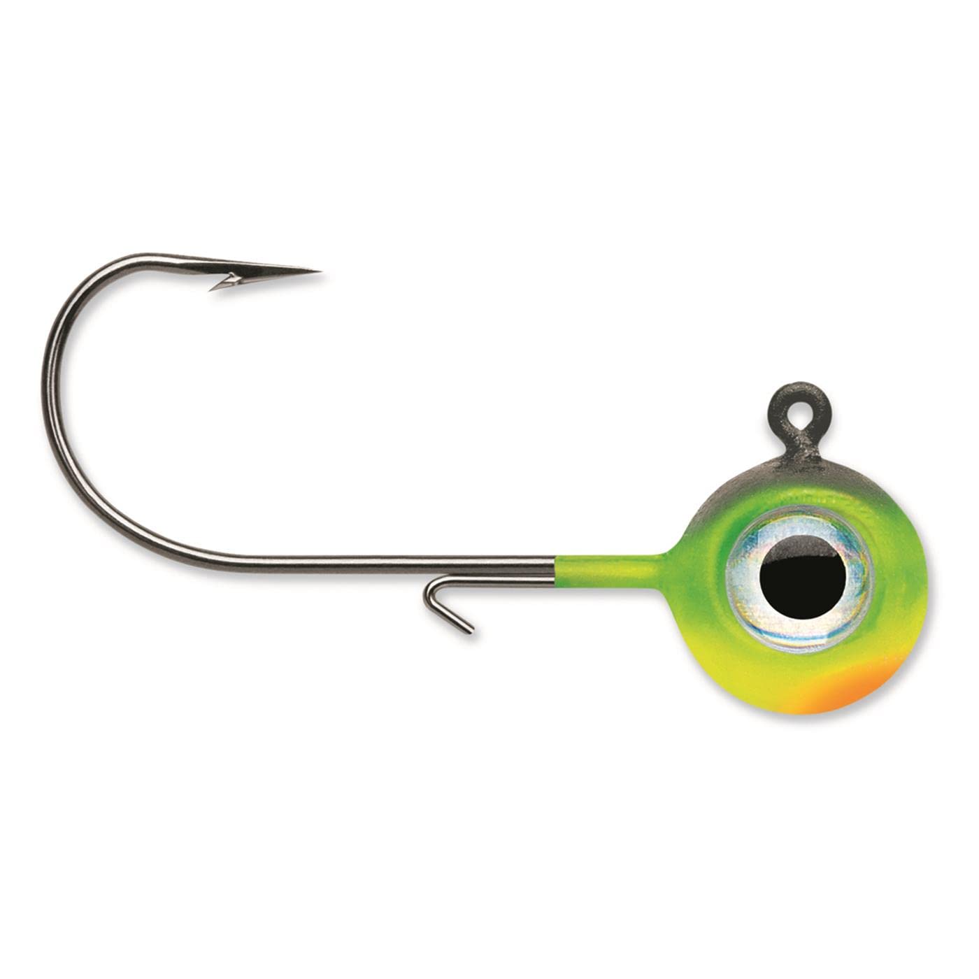 VMC Neon Moon Eye Jig glow angle shot showcases profile and eye detail.