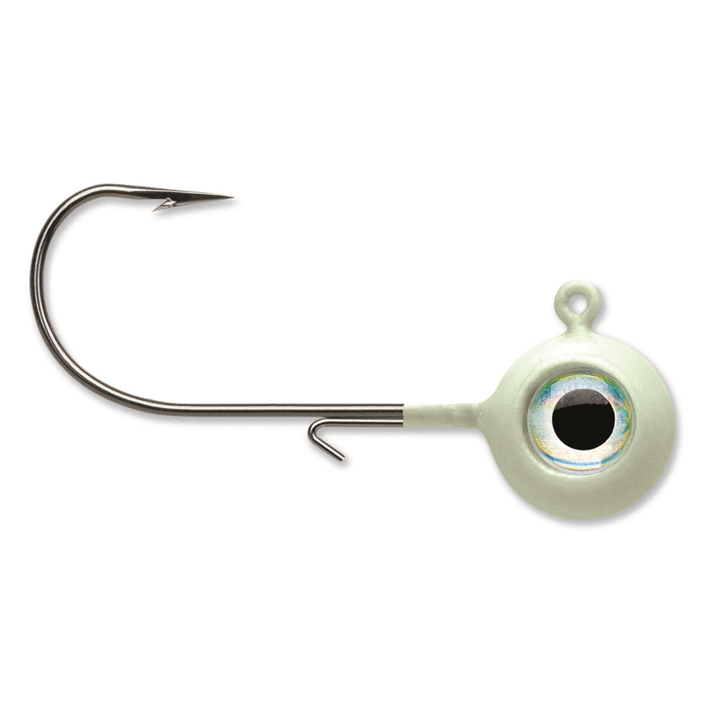 VMC Neon Moon Eye Jig glow close-up showing neon body and eye detail for lure appeal.