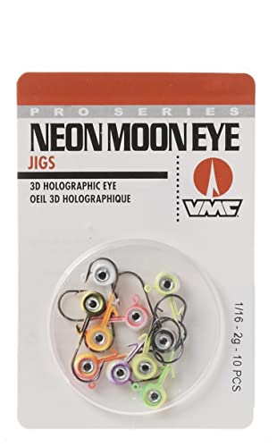 Close-up of VMC Neon Moon Eye Jig showing glow accents for added lure attraction.