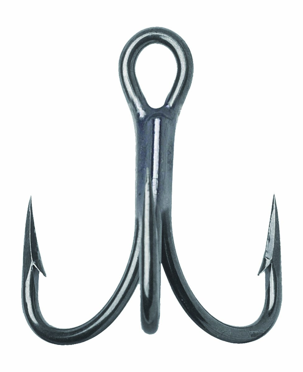 VMC O'Shaughnessy Permasteel treble hook closeup, ultra-sharp and durable for heavy-duty fishing