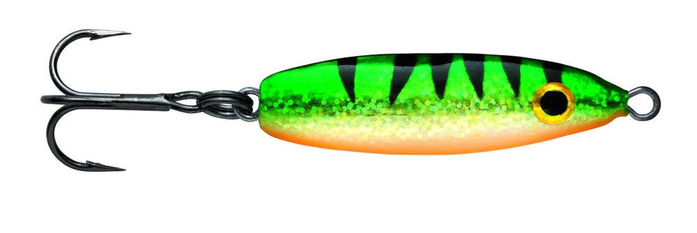 VMC Rattle Spoon 1/8 oz Perch with UV-bright finish for enhanced lure visibility.