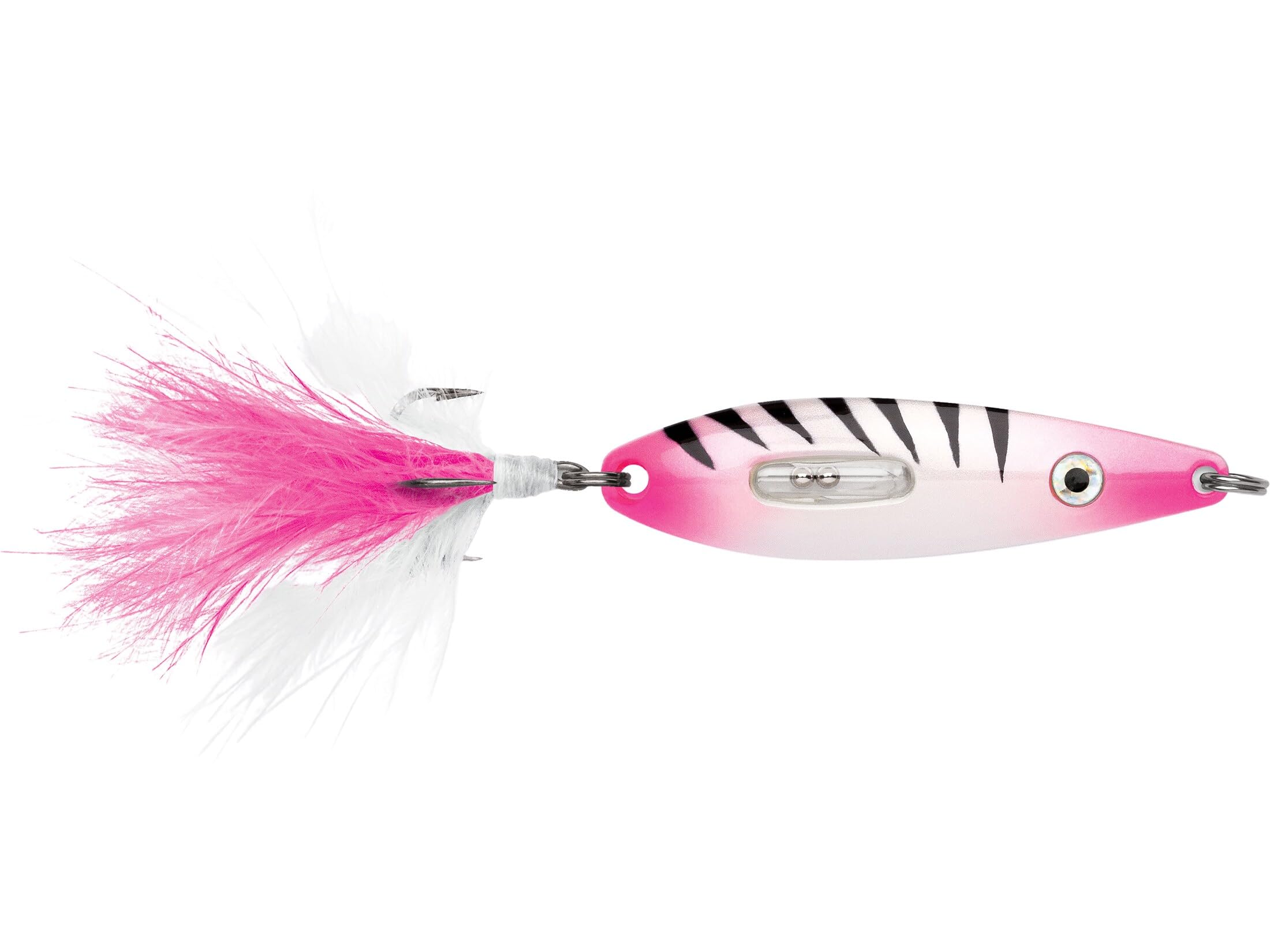 VMC Rattling Roach Spoon Glow Pink Squirrel enticing walleye and perch under ice.