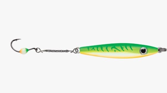 VMC Rocker Spoon 5/16 oz Glow Green Fire UV for night fishing.