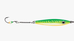 VMC Rocker Spoon 5/16 oz Glow Green Fire UV for night fishing.