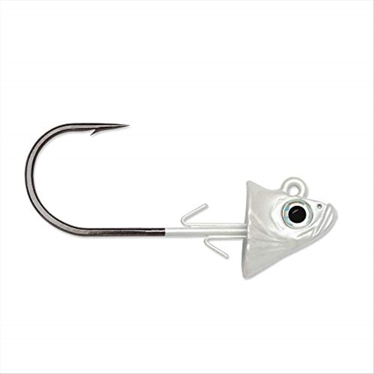 VMC SBJ34-W white swimbait jig with concave head for lifelike swimming and secure bait retention.