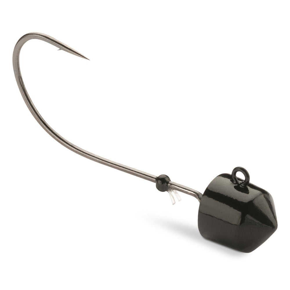 VMC SNRJ18 1/8 oz black Swingin Ned Rig Jig side view highlighting long shank for better hook set.