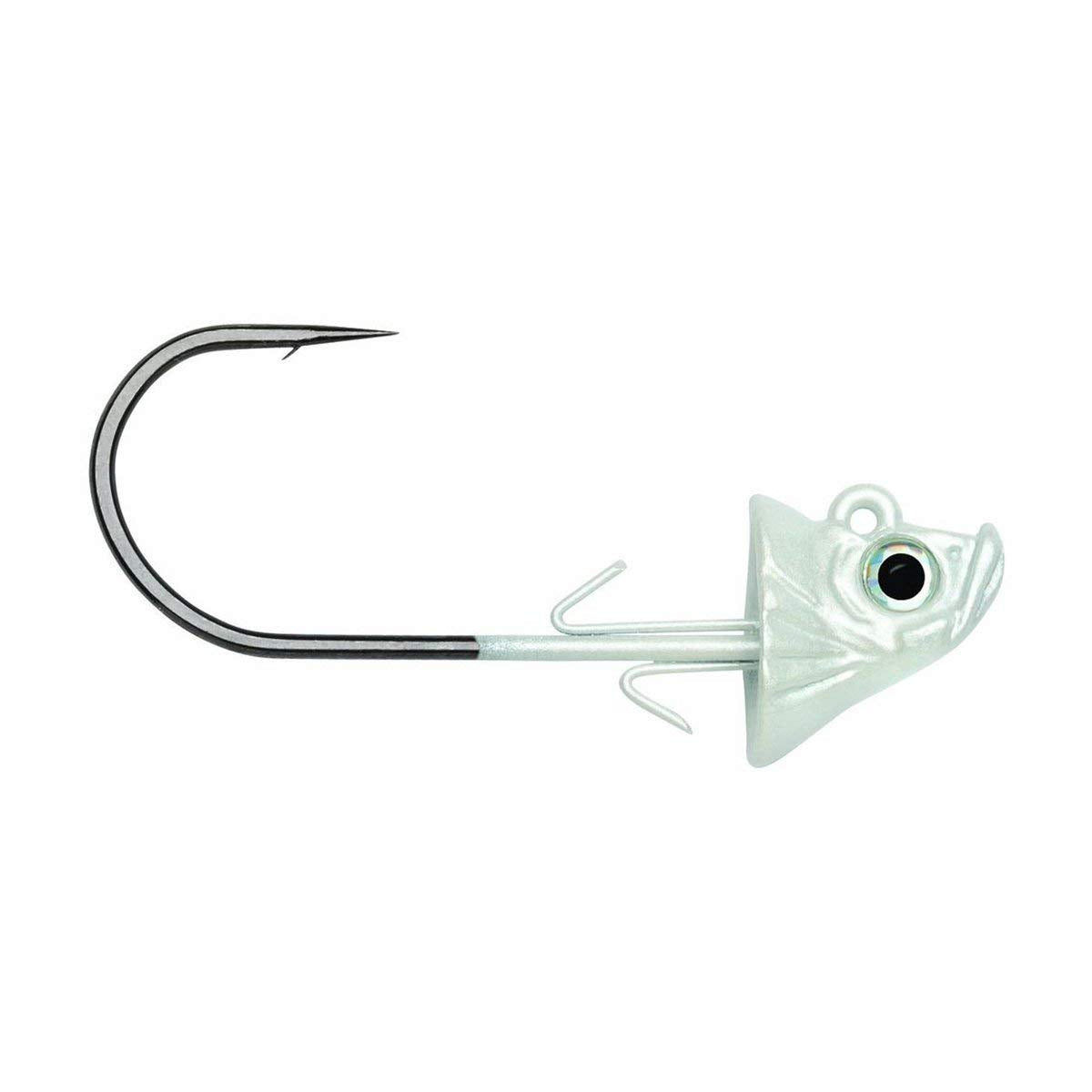 VMC Swimbait Jig Head detail highlights 3D eyes and double wire keeper for secure plastics.