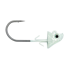 VMC Swimbait Jig Head detail highlights 3D eyes and double wire keeper for secure plastics.
