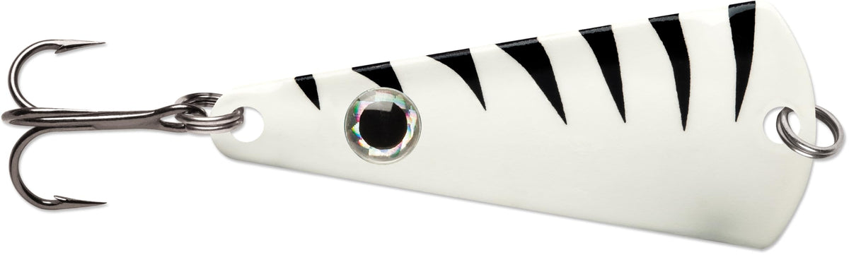 VMC Tingler Spoon Glow Tiger glinting under ice, attracting walleye and perch.