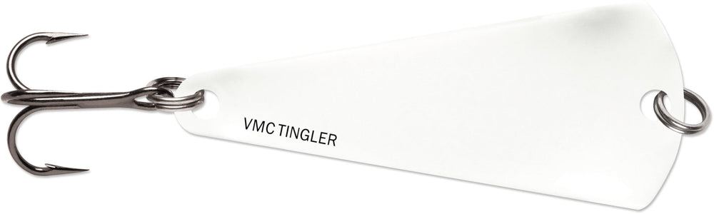 Close-up of VMC Glow Pink Squirrel Tingler Spoon showing glow finish and compact profile.