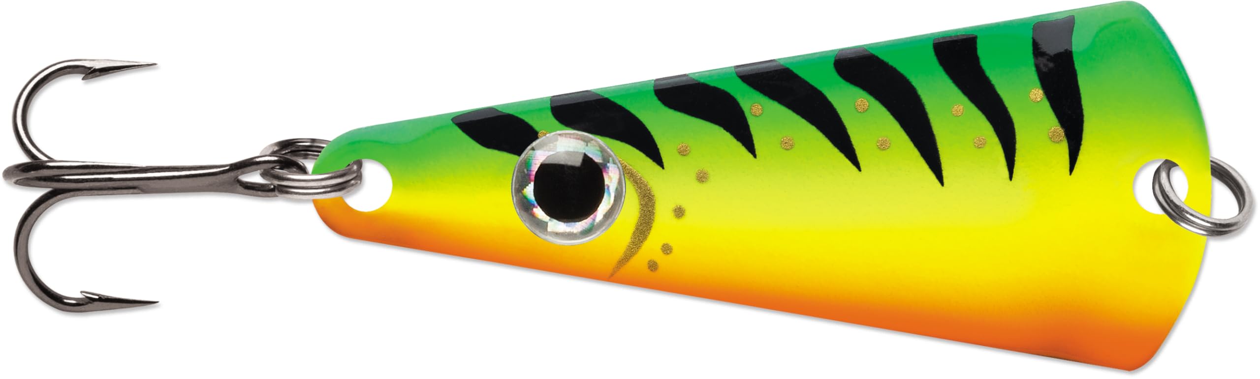 VMC Tingler Spoon Glow Fire Tiger front view for precise casting and visibility