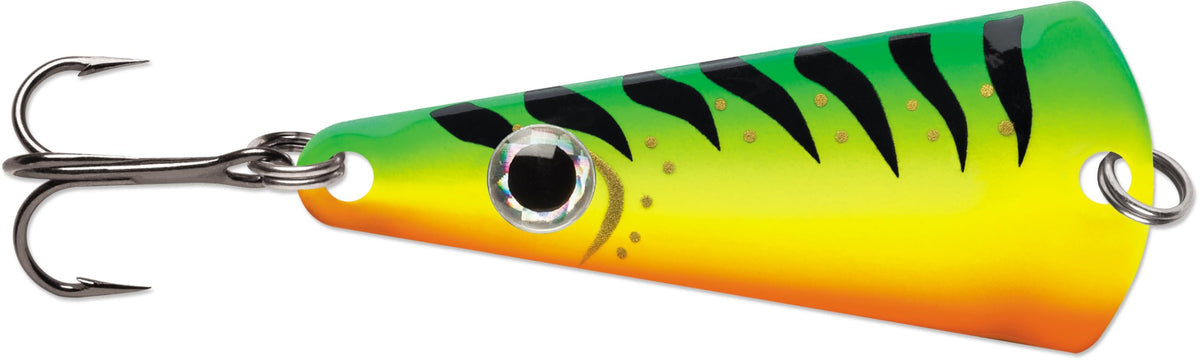 VMC Tingler Spoon Glow Fire Tiger front view for precise casting and visibility