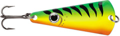 VMC Tingler Spoon Glow Fire Tiger front view for precise casting and visibility