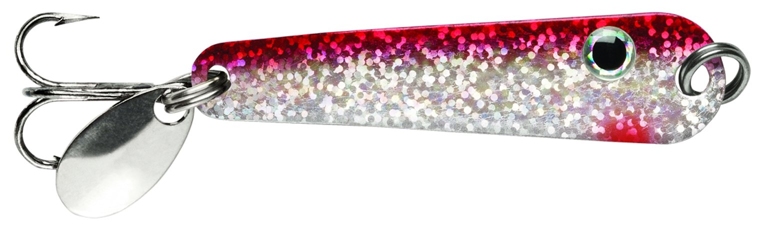 VMC TMS18GRSH tumbler spoon glow red shiner enhances ice fishing lure visibility