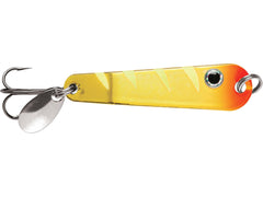 VMC Tumbler Spoon Glow Juicy Lucy ready for ice fishing with fluttering flash