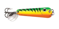 VMC Tumbler Spoon Glow Fire Tiger for ice fishing attracts walleye, perch, crappie, and trout