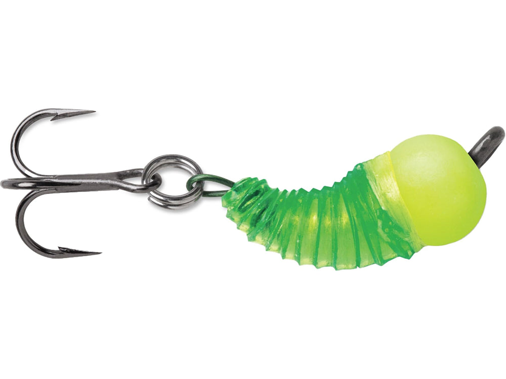 VMC Tungsten BugBite Jig glow chartreuse ready to attract panfish in ice waters