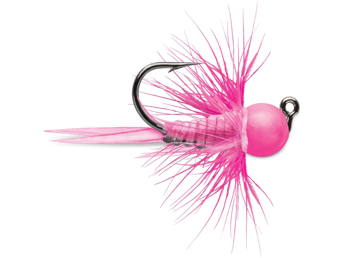 VMC Tungsten Bullfly Jig Glow Pink, ideal for attracting panfish in low light.