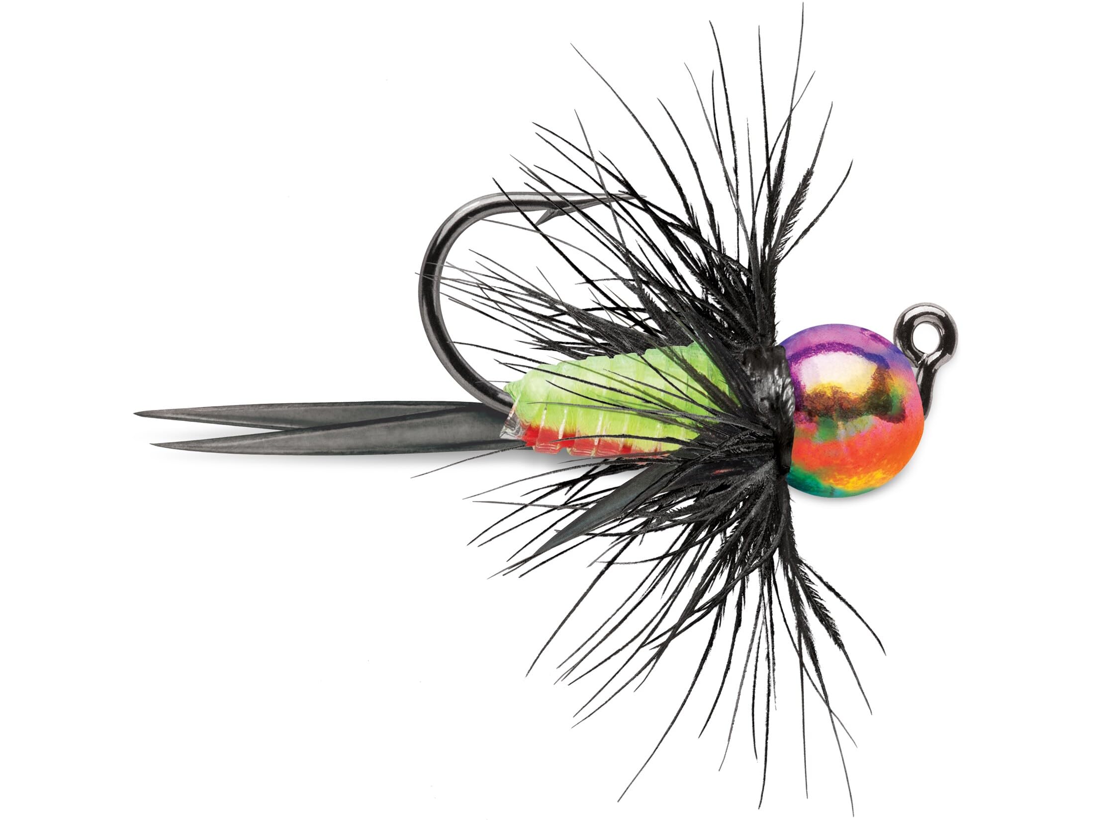 VMC Tungsten Bullfly Jig 1/16 oz Metallic Rainbow shines iridescent, ideal for bass jigging.