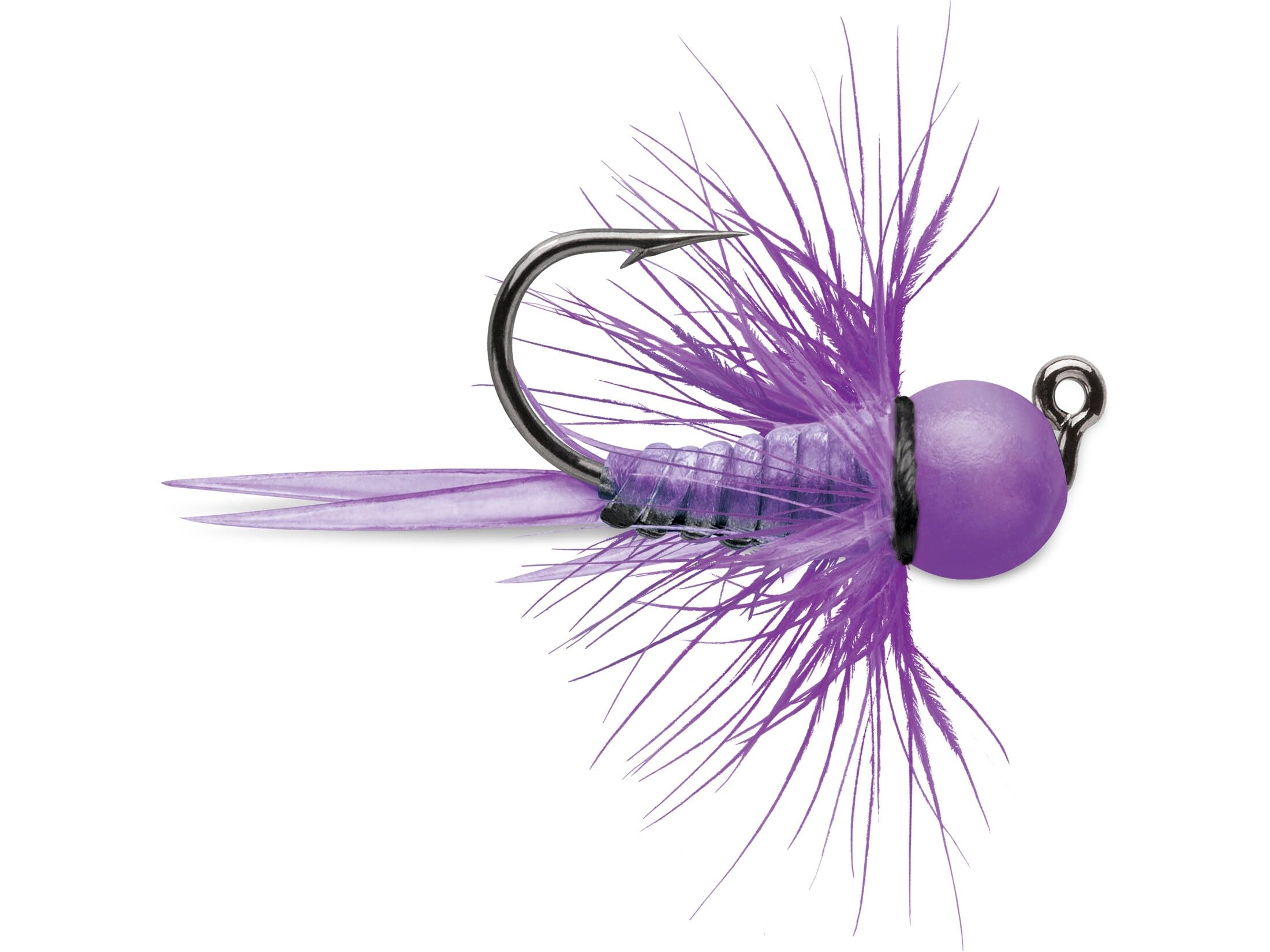 VMC Tungsten Bullfly Jig Glow Purple for ice fishing, high visibility under ice