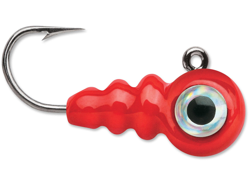 VMC Tungsten Larv Eye Jig Glow Red with glow finish for better ice visibility and quick sink
