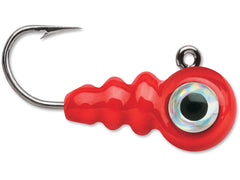 VMC Tungsten Larv Eye Jig Glow Red with glow finish for better ice visibility and quick sink