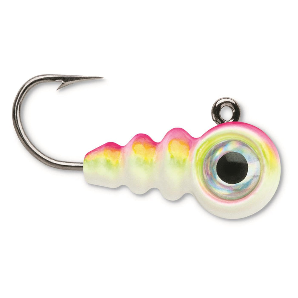 VMC Tungsten Larv Eye Jig closeup shows larva profile and eye detail for realistic forage lure