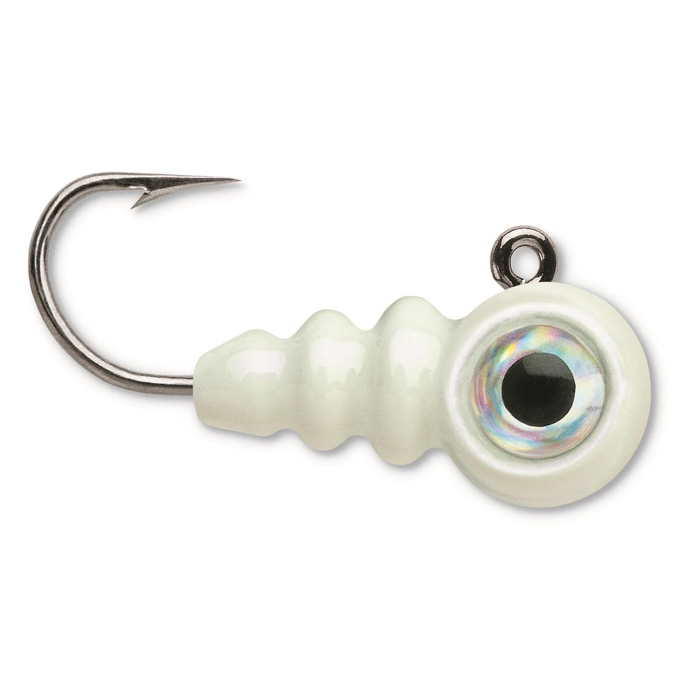 VMC Tungsten Larv Eye Jig Glow closeup highlights eye detail and lure action