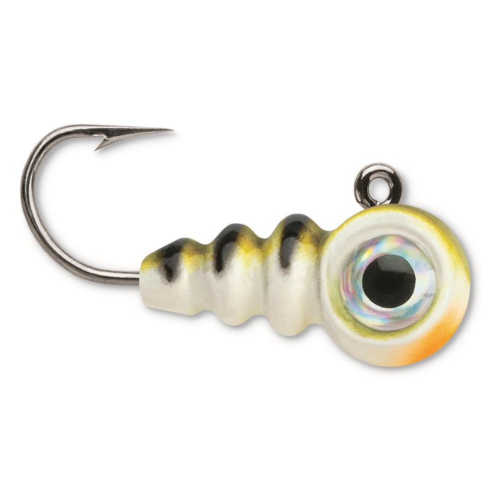 VMC Tungsten Larv Eye Jig glow-green, enhances visibility for low-light ice fishing.