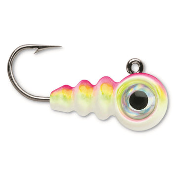 VMC Tungsten Larv Eye Jig in pink chartreuse glow attracts panfish under ice