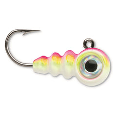 VMC Tungsten Larv Eye Jig in pink chartreuse glow attracts panfish under ice