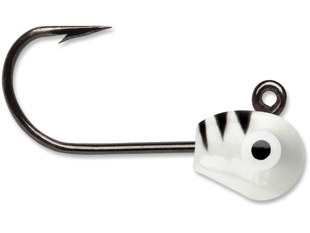 VMC Tungsten Mongo Jig Glow Tiger sinks quickly to entice panfish during ice fishing.