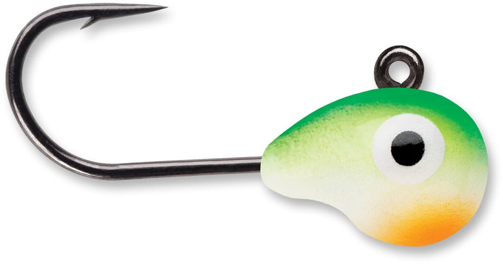 VMC Tungsten Tubby Jig 1/16 oz in Green Orange Glow enhances jigging depth and lure visibility.